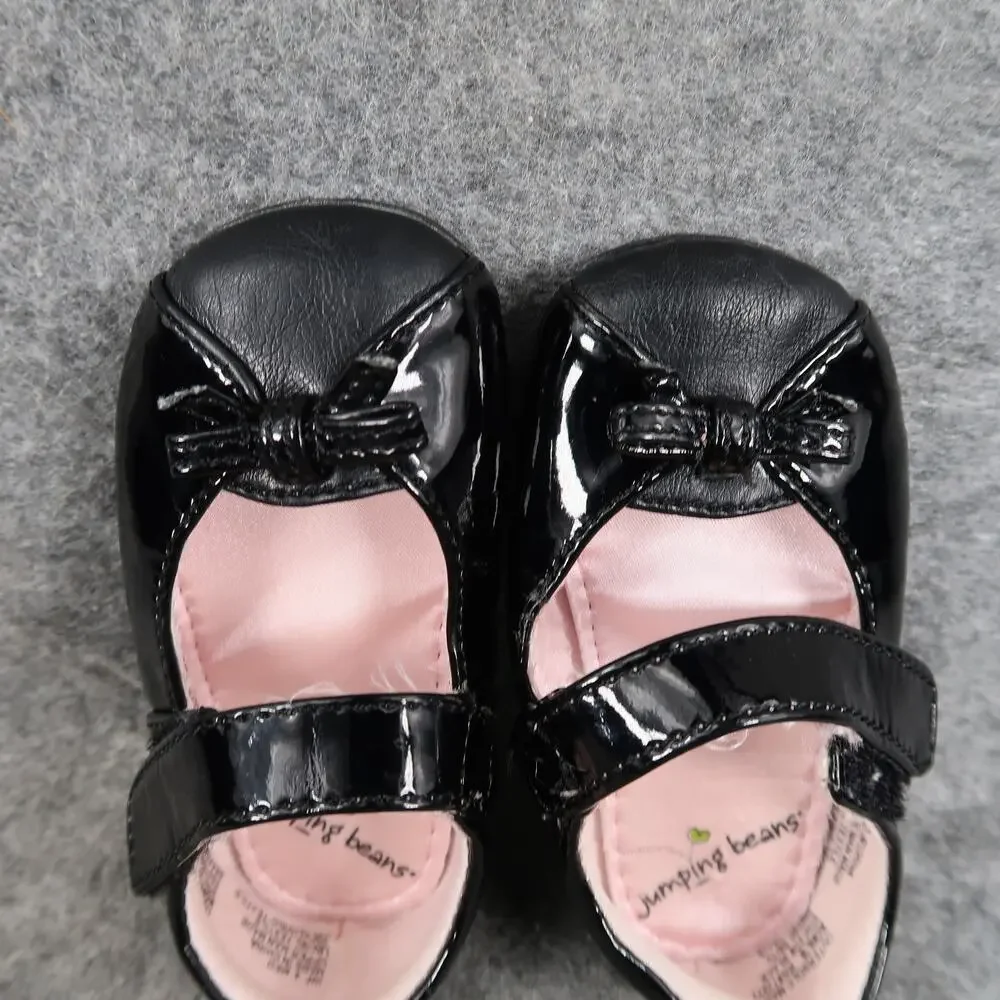 Jumping Beans Shoes Infant 4 Mary Jane Flats Adjustable Strap Black Bow Patent